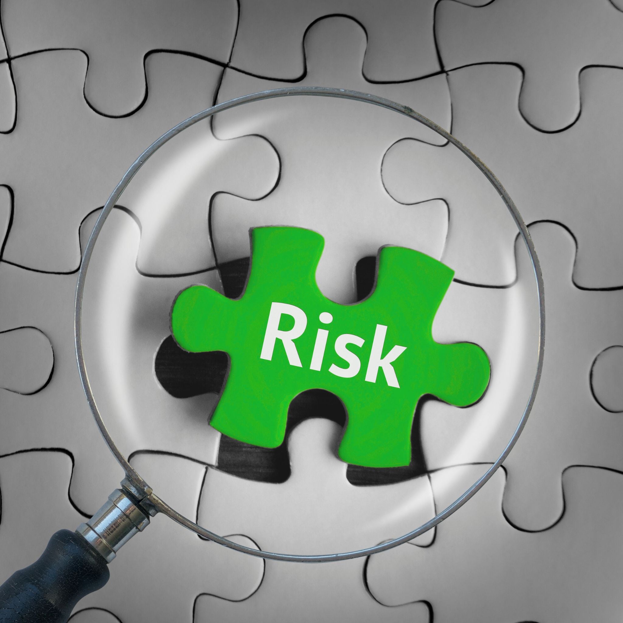 Green puzzle piece with 'Risk' text under a magnifying glass 
