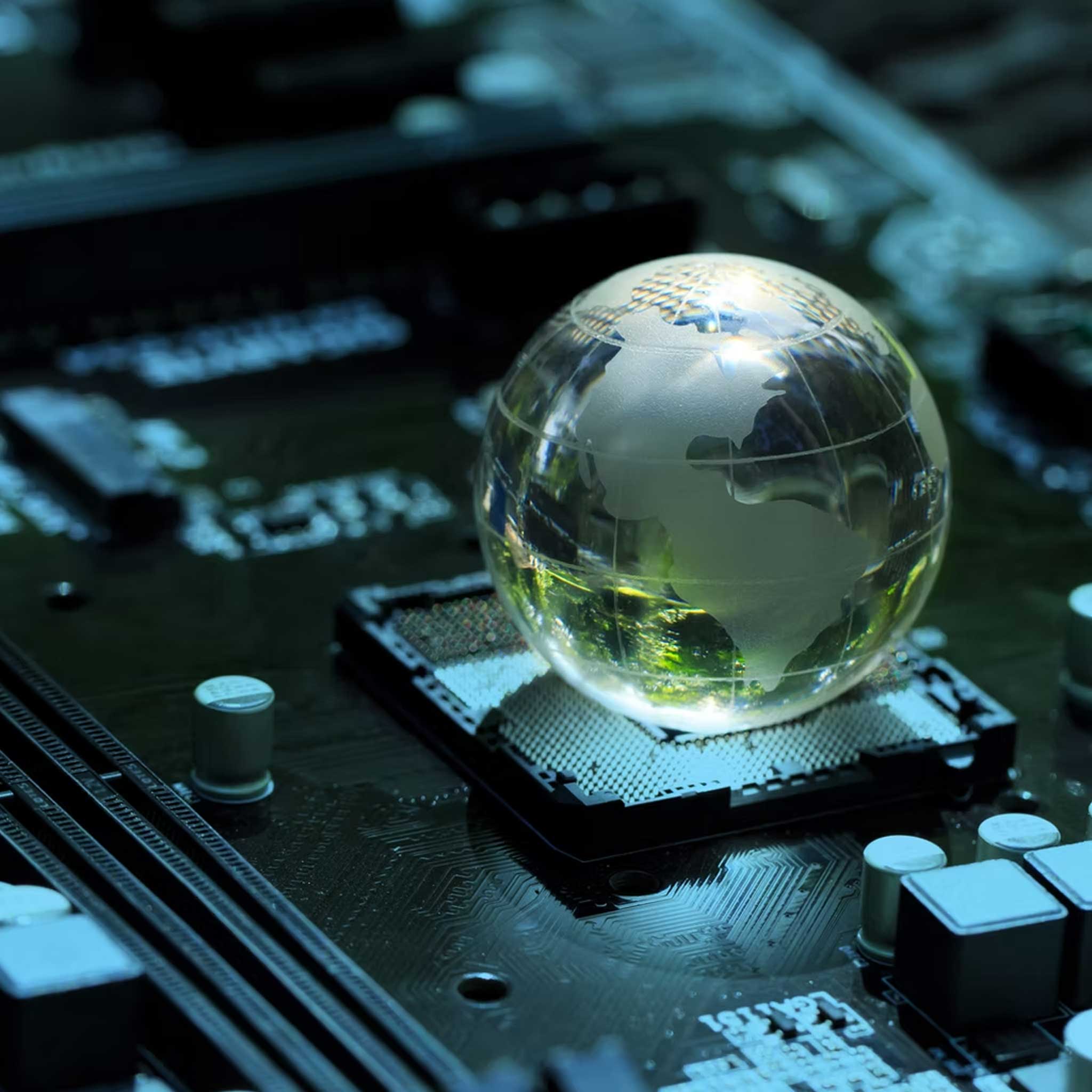 Glass globe on a circuit board with a blurred background