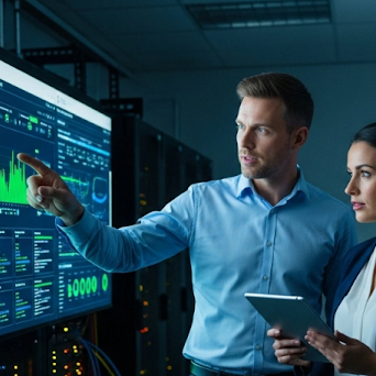 Two professionals in a control room examining data on a large screen.