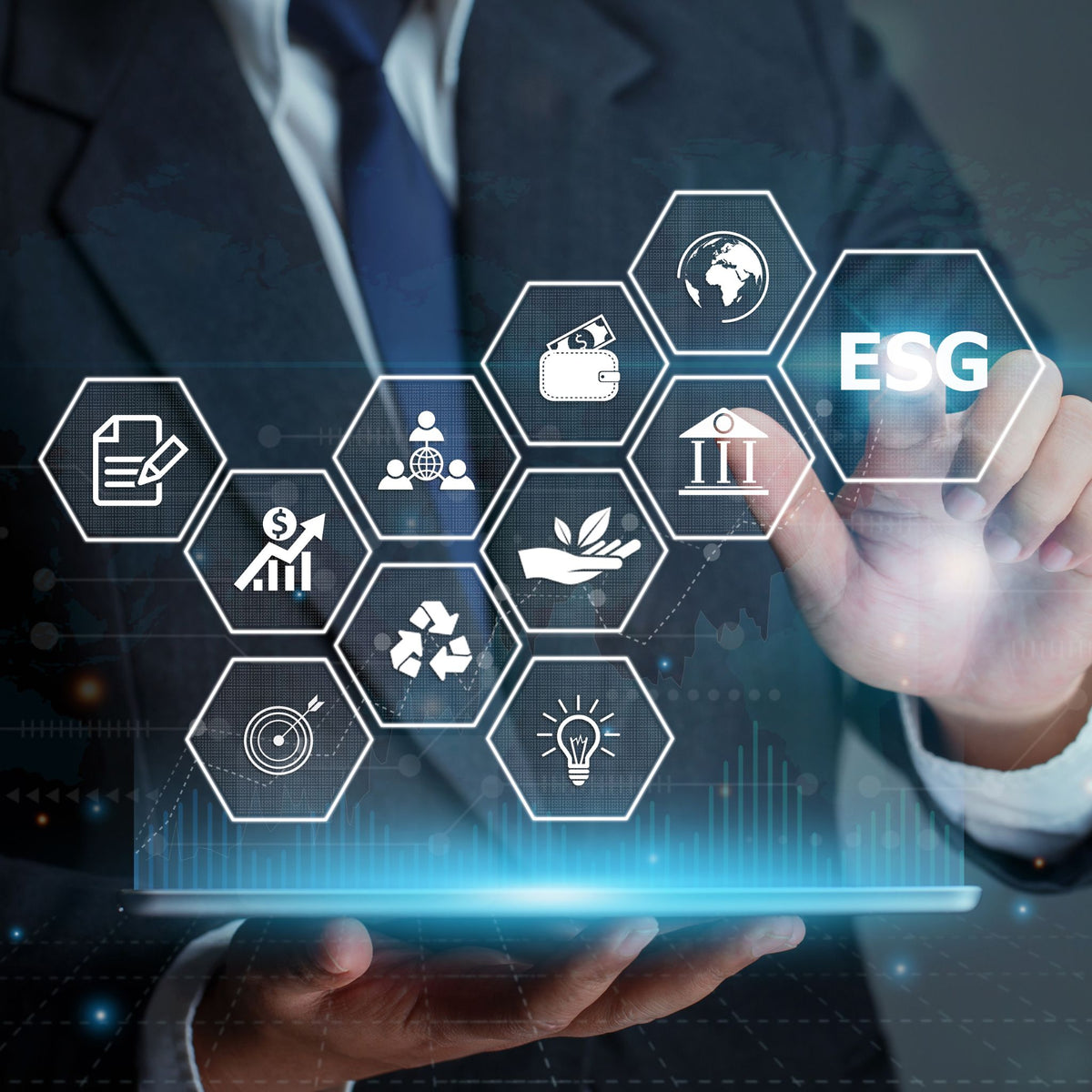 Person interacting with a digital interface displaying ESG icons