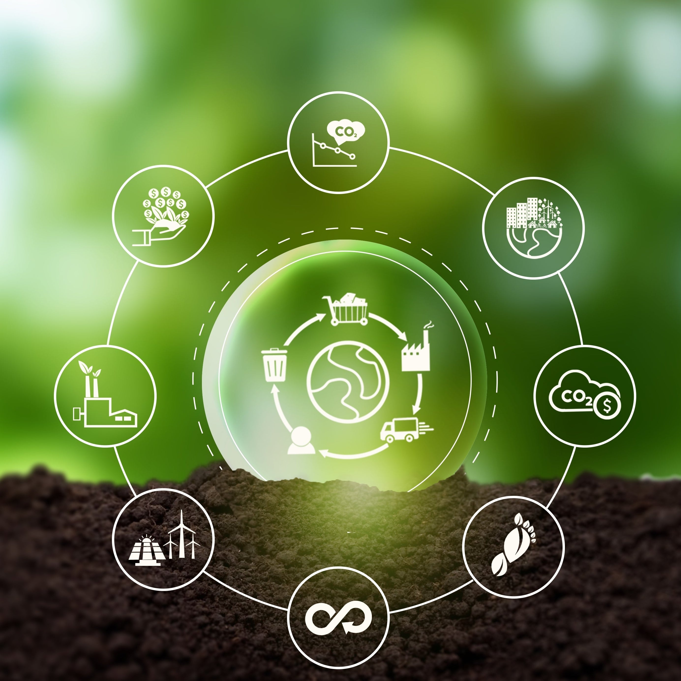 Environmental icons on a green background with soil at the bottom