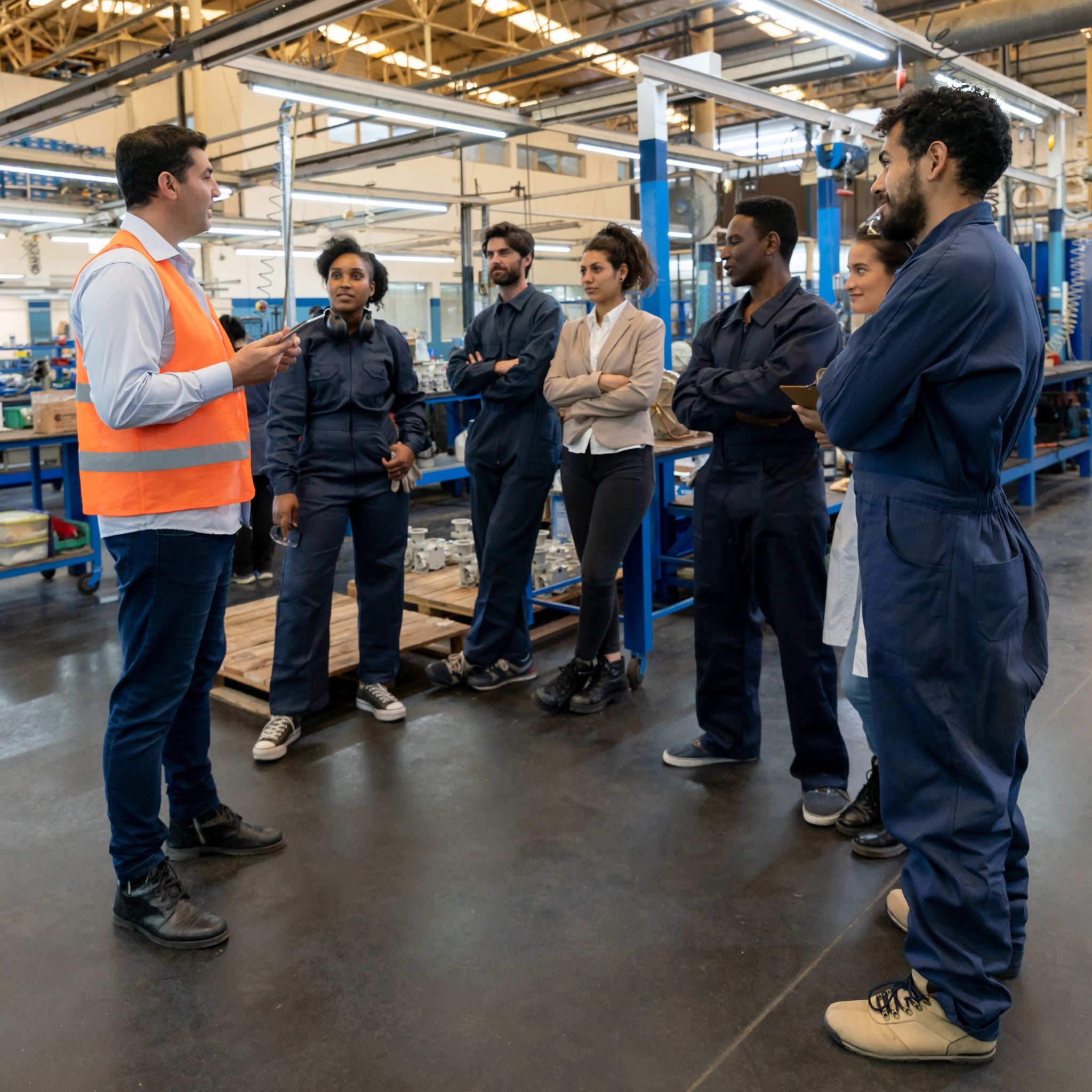 Group of workers in a factory receiving an orientation.